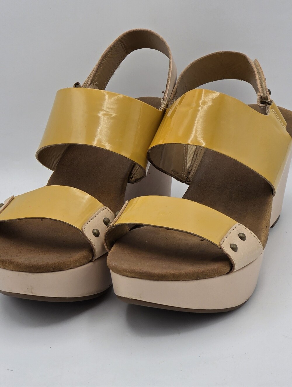 Clarks Yellow Patent Platform Sandals with Cream Trim